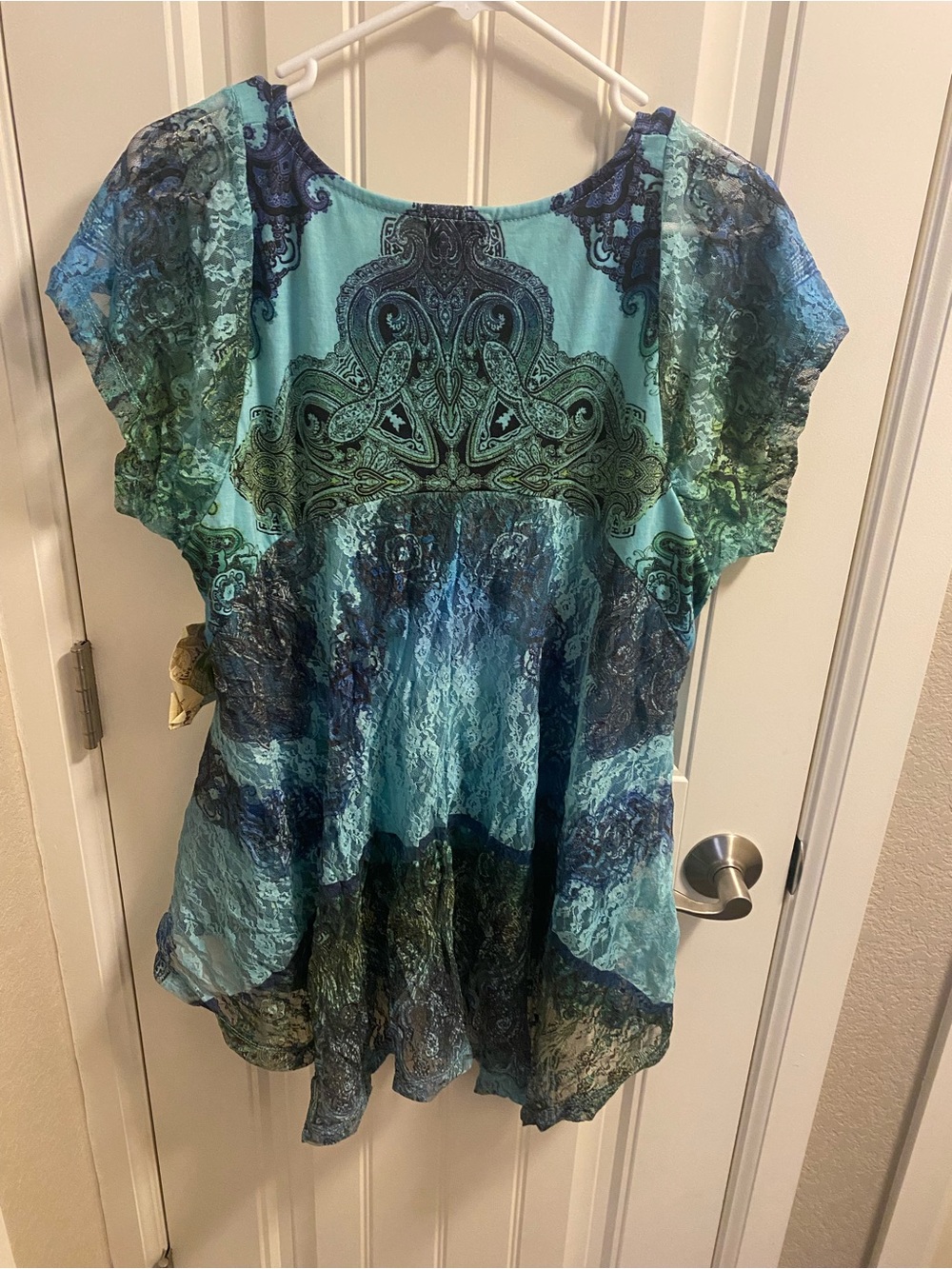 NWT One World L Top Bling Sublimation Blouse Large Lace Trim Shirt Blue Green Lg - Picture 8 of 10
